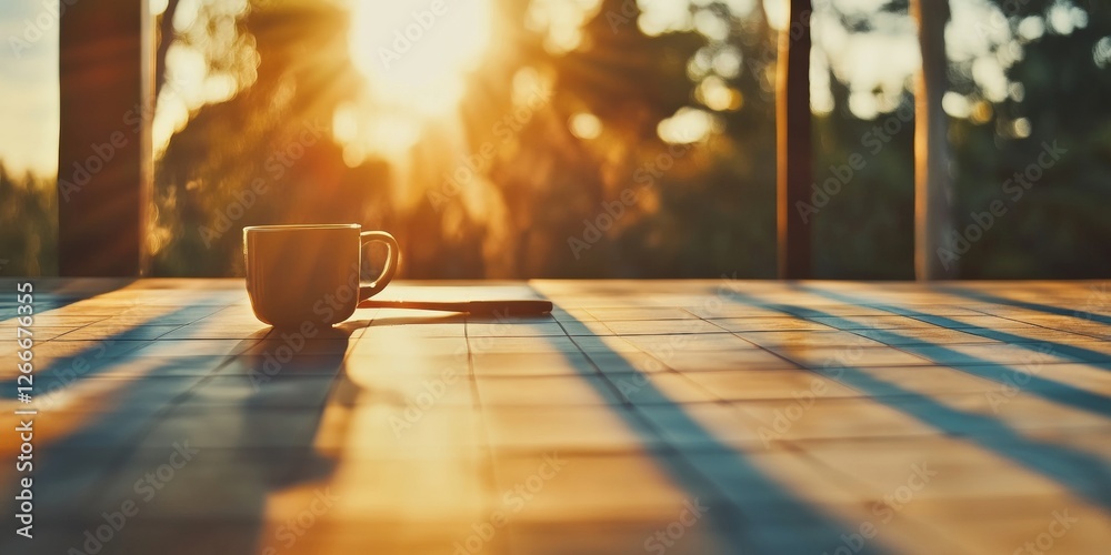 Aufkleber Sunlit Workspace Vibes Ceramic Mug and Digital Calendar on Rustic Wood - Professional Time Management Aesthetic and Modern Productivity Enhancements in Tech-Driven Workspaces