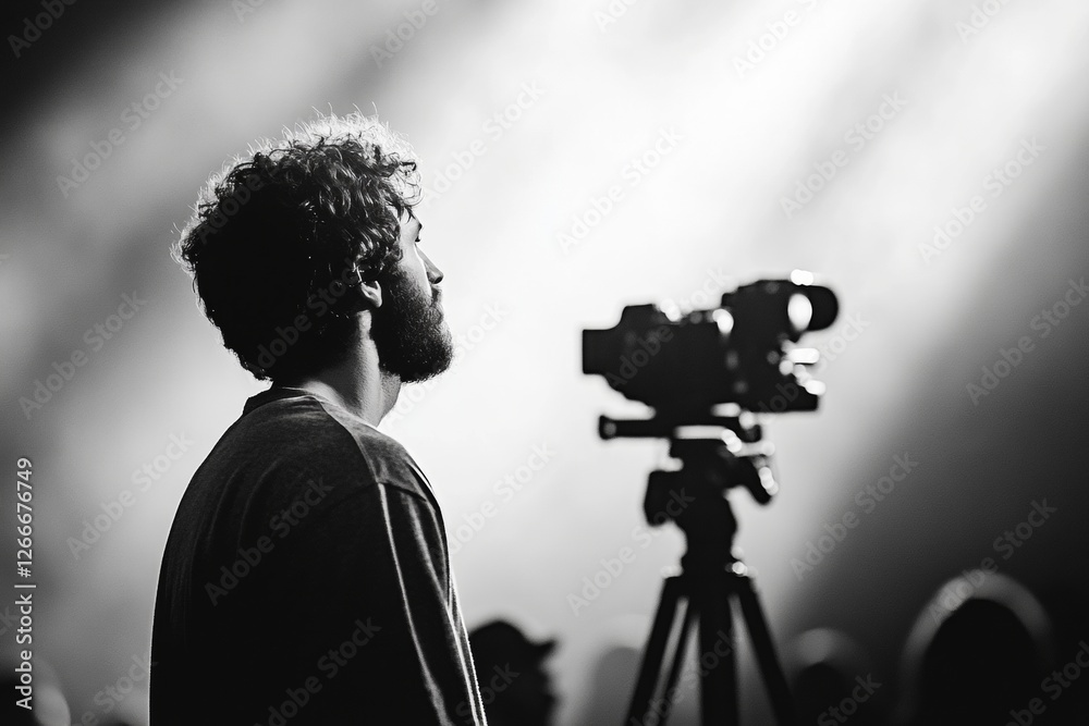 Poster Dynamic Event Filming Male Broadcast Camera Operator on Tripod Captures Live Journalism - Media Coverage in Modern Journalism and News Reporting