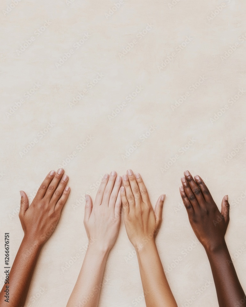 Aufkleber contemporary diversity unity in teamwork through diverse hands on textured surface - business innova