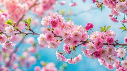 Naklejka premium Delicate Pink Blossoms on a Branch Against a Soft Blue Sky, a Stunning Display of Springtime's Gentle Beauty