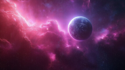 Obraz premium Fantasy pink moon over snowy mountain landscape, otherworldly scene, vibrant twilight, celestial body, surreal alien landscape, mysterious night, cosmic atmosphere, fantasy background