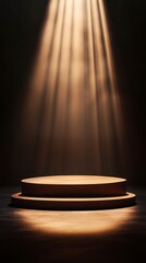 brown podium with three steps, illuminated by light rays from the top right corner of the stage, against a solid background.