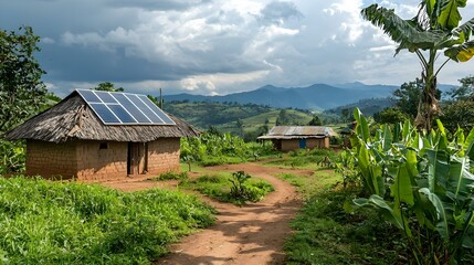 Solar panels and a rural hut in Uganda