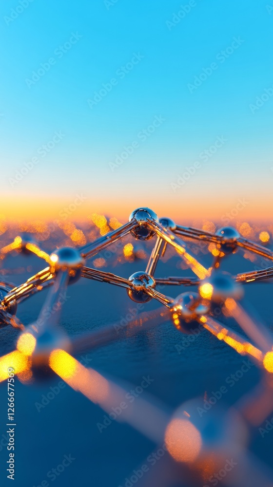 Poster Futuristic Network Visualization Glowing Metal Nodes on Curved Glass Surface - Digital Transformation Art for Tech Industry and Global Connectivity Solutions
