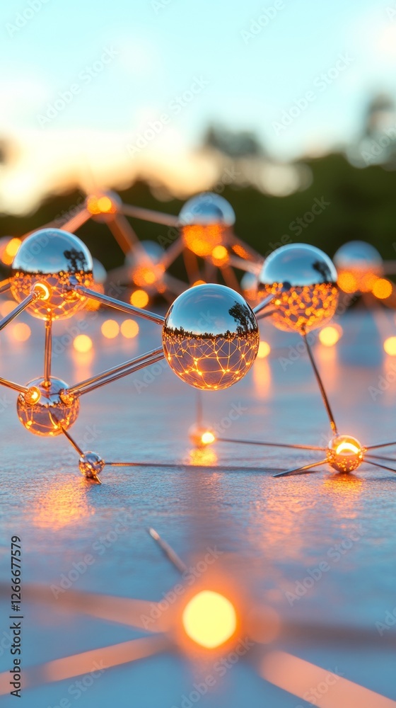 Fototapete Futuristic Network Visualization Luminescent Node Grid on Glossy Surface for Digital Transformation and Global Connectivity - Tech Insights and Business Strategy Applications