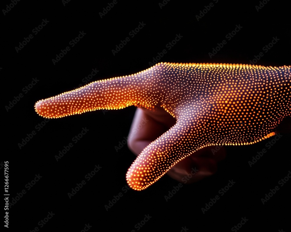 Aufkleber Digital Aura Touch Interface Cybernetic Hand with Glowing Particle Mesh on Dark Canvas - Advanced Tech Content and Secure Data Exchange for Innovation in Digital Trust
