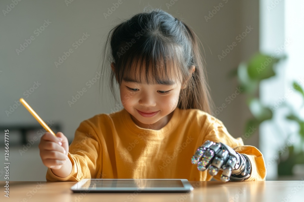 Aufkleber tech-enhanced learning inspiring young asian girl with prosthetic arm and stylus at tablet dynamic e