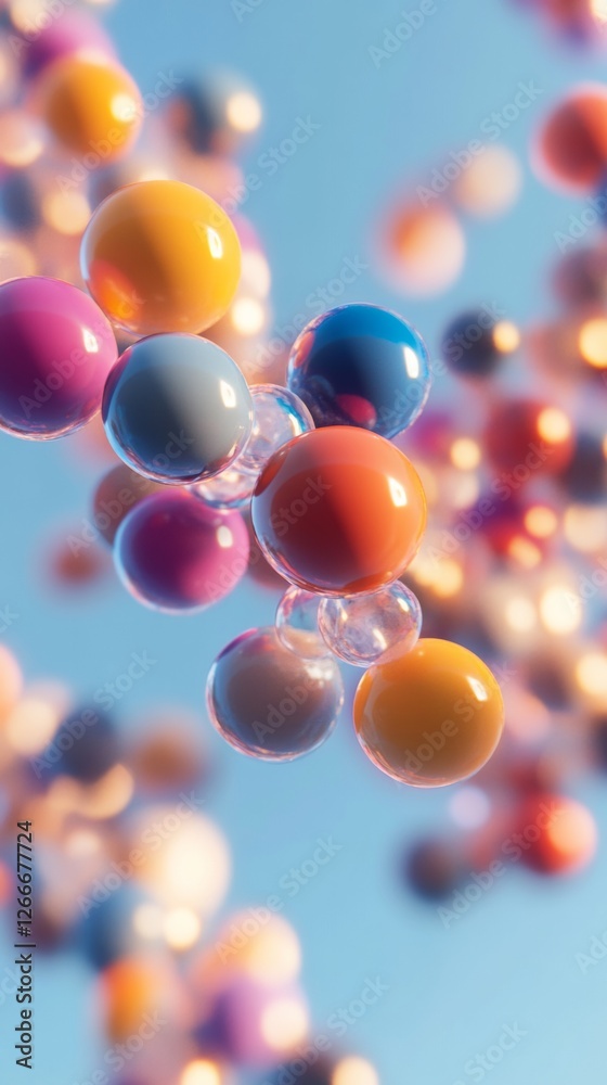 Poster vibrant molecular visualization dynamic ball structure in glass overlays, ideal for innovative biote