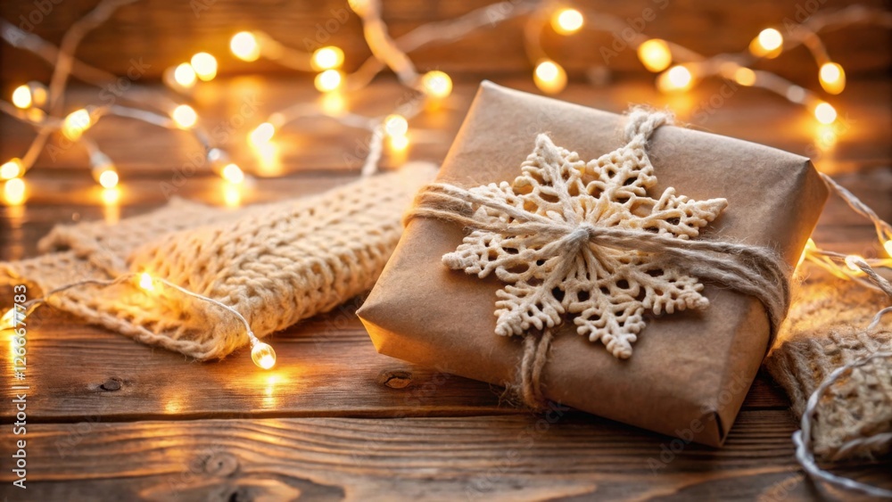 Poster A rustic, handcrafted gift, adorned with a delicate snowflake, rests on a wooden surface illuminated by warm, glowing string lights, creating a cozy and festive atmosphere.