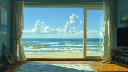 Beach view from a cozy room with sunlight, ideal for travel or relaxation themes