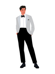 Elegant man wearing tuxedo, suit for formal event, party, wedding. Handsome bearded businessman in luxury clothes. Vector realistic illustration isolated on white background.