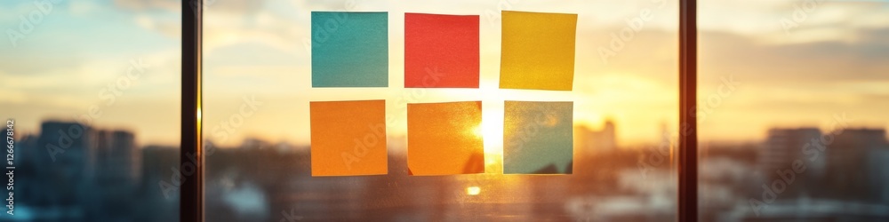 Poster contemporary collaborative workspace sticky notes on glass with sunset backdrop - strategic creative