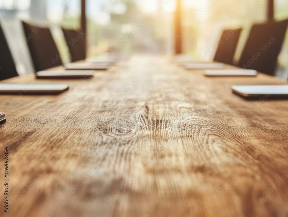 Poster Scandinavian-Inspired Business Meeting Space Rustic Oak Table with Notepads in Sunlit Conference Room - Collaborative Content Creation and Team Innovation Hub