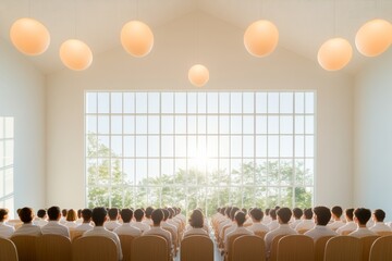 Minimalist Auditorium Gathering Diverse Audience Engagement in Sunlit Conference Hall - Modern Medical Education and Professional Development Platform