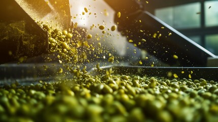 Olives being crushed in a traditional olive oil press, a key step in the olive oil production process.