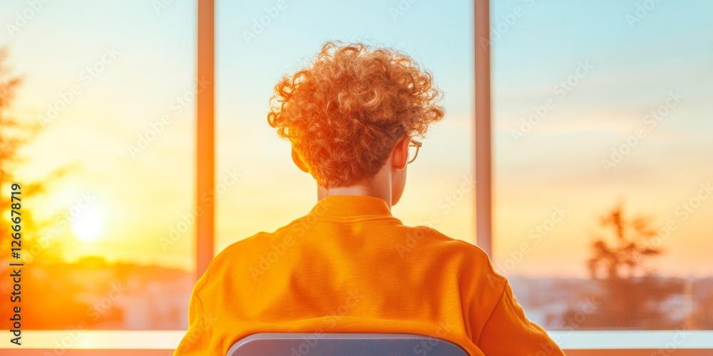 Poster Vibrant Educational Setting Curly Haired Boy at Sunset - Inspiring Learning and Classroom Design for Diverse Modern Education and Youth Engagement