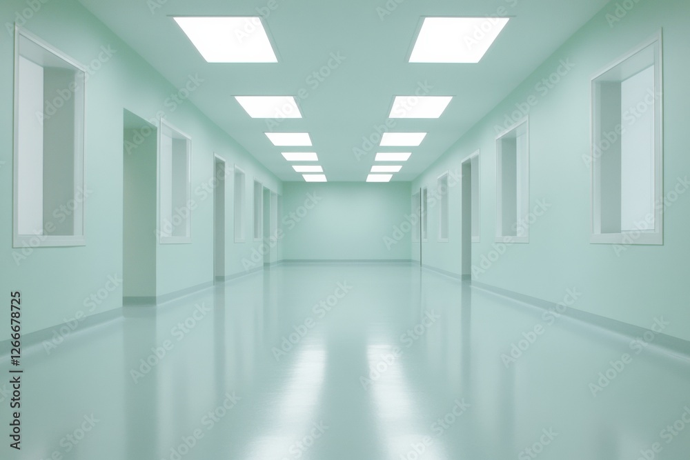 Poster minimalist lab hallway streamlined soft green design for safe movement in healthcare - modern facili