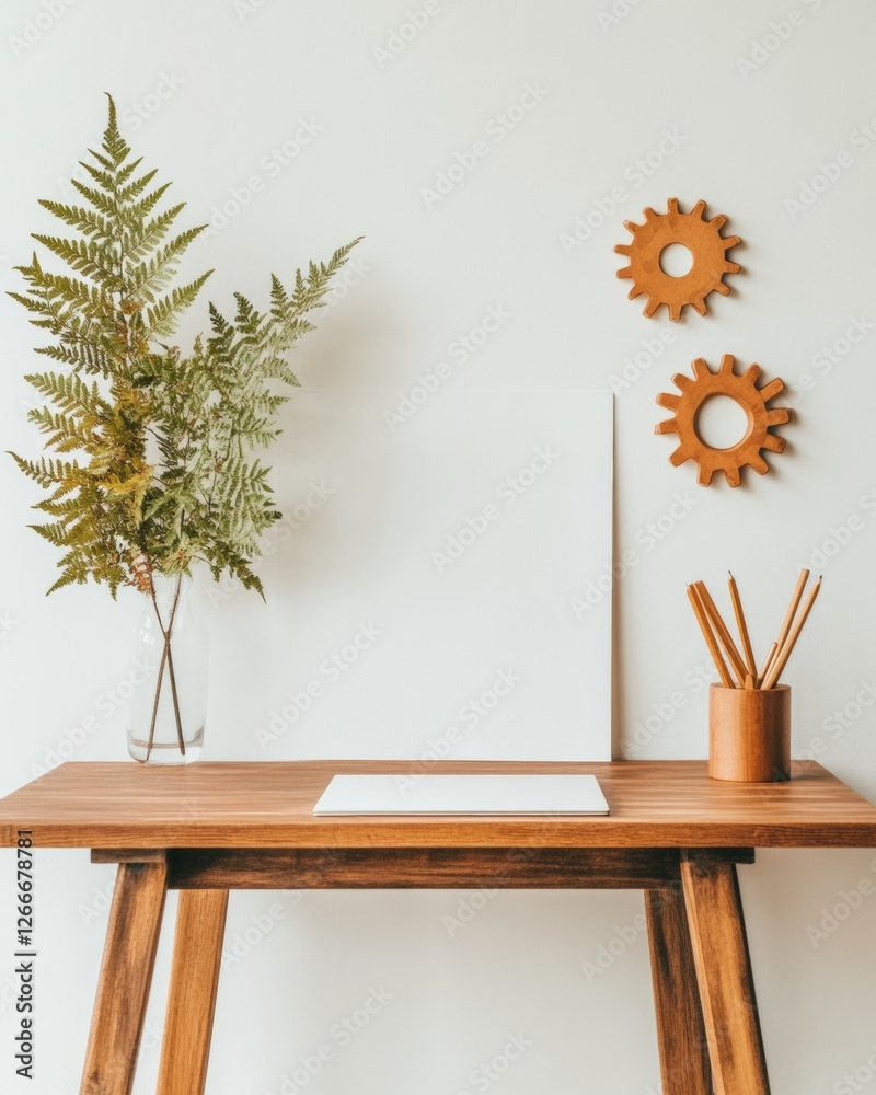 Aufkleber scandinavian workspace design modern wooden desk with gears and ferns - inspiring creative process f
