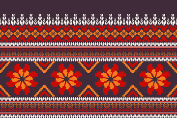 Pixel ethnic  pattern oriental traditional. Design fabric pattern textile African, Aztec African America Indian seamless. Floral pixel art pattern on navy background  vector illustration