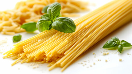 Raw Spaghetti Pasta Tied with Fresh Basil Leaves and Grated Cheese on a Bright White Surface with Various Pasta Shapes in the Background