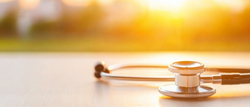 Sunlit Minimalist Healthcare Workstation Stethoscope on Wooden Surface - Modern Medical Consultation Design for Professional Health Services Promotion