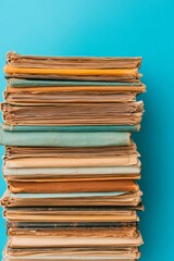 Vintage Documentation Stack Textured Paper Files Against Bold Blue - Archival Aesthetic for Health Records Management and Regulatory Compliance in Healthcare Operations