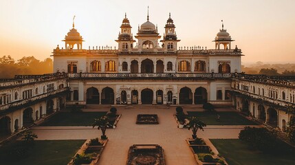 Naklejka premium Majestic palace at sunrise, showcasing intricate architecture and expansive courtyard.