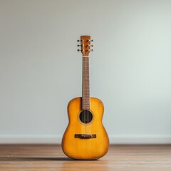 Obraz premium Vintage Acoustic Guitar on Hardwood Floor Timeless Wooden Craftsmanship for Music Therapy and Boutique Music Store Merchandising - Enhancing Acoustic Ambience