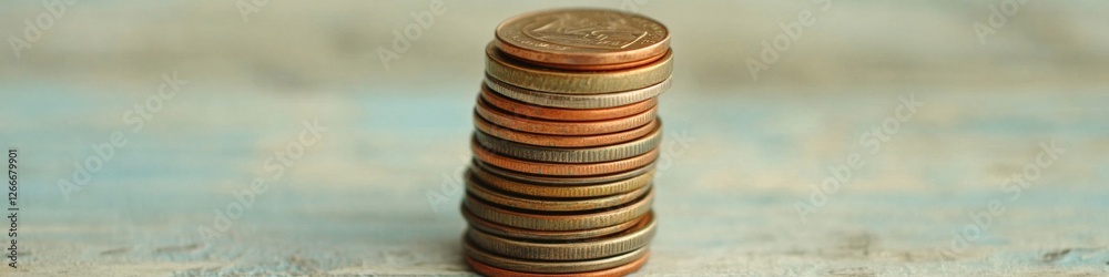 Poster minimalist financial visualization stacked coins on wooden surface with calculator - business planni