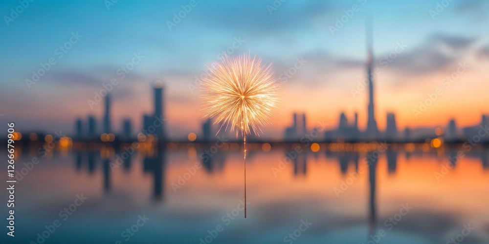 Aufkleber vibrant cityscape fireworks reflection illuminated skyline and harbor glow - event for festive urban