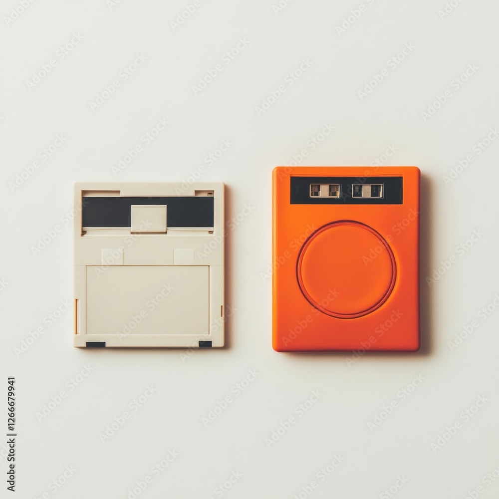 Poster retro-modern tech harmony vintage floppy disk and bold usb drive on minimalist white - business inno
