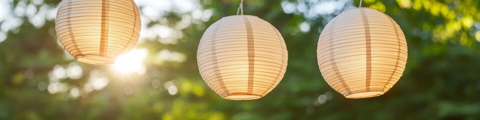 Fototapeta premium Vibrant Outdoor Festival Scene Illuminating Paper Lanterns in Eco-Designed Garden Setting - Cultural Celebration Content for Event Planners and Community Gatherings