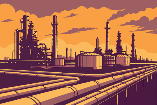  Photo of a large industrial complex at sunset, featuring rows of oil refineries with tall smokestacks and pipes stretching across the frame. The sky is a gradient of orange and purple hues, with sc