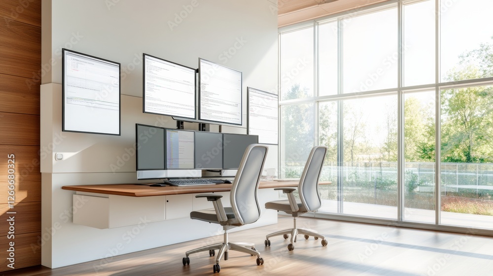Poster minimalist medical workspace ultra-modern digital screens with natural wood accents - healthcare mon