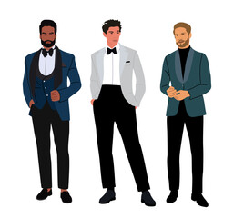 Set of elegant businessmen wearing formal outfit - suit or tuxedo. Handsome male characters different races. Vector flat realistic illustration isolated on white background.