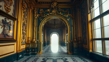 Obraz premium The gold and black walls of the palace room, the interior design of the palace, luxurious and minimalist.