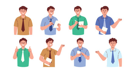 Male Teacher Character Taking Notes, Presenting, and Pointing Something