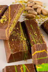 Chocolate bar filled with pistachio kunafa. Dubai chocolate