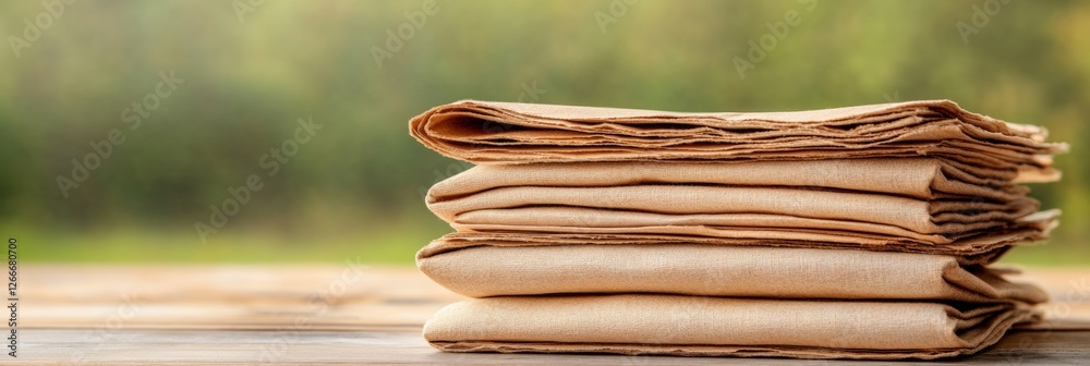 Poster rustic newspaper stack on wooden table vintage print media for creative content and retro - sustaina