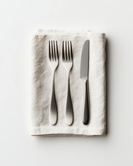 Contemporary Minimalism in Dining Silver Cutlery on Crisp Linen - Elegant Tableware Display for Upscale Restaurant Branding and Luxury Event Styling