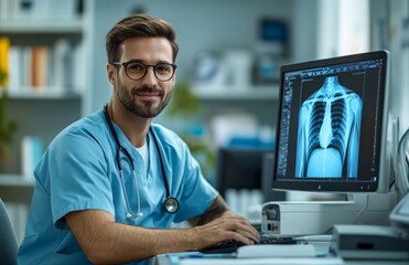Stylish doctor working with computer and ultraviolet printer in radiology room