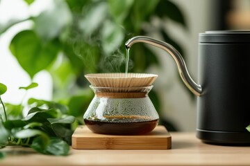 Steaming coffee pour-over ritual with lush green background, showcasing artisan brewing techniques and enhancing morning moments naturally.