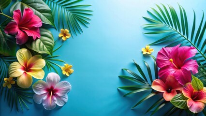 Obraz premium Vibrant Tropical Floral Arrangement on a Bright Blue Background, Featuring Hibiscus, Palm Leaves, and Exotic Blooms, Ideal for Summer Designs and Projects