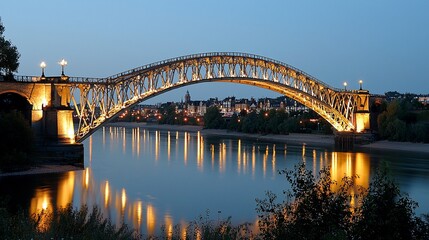 Obraz premium Illuminated metal arch bridge over calm river at twilight.