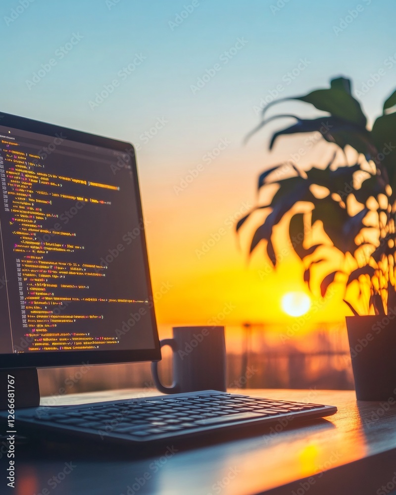 Poster Modern Tech Workspace Vibrant Code Interface on Screen with Sleek Keyboard - Enhancing Software Development Innovation and Digital Workflow Efficiency
