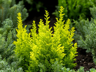 Fototapeta premium Yellow Dwarf Evergreen Plants in Garden
