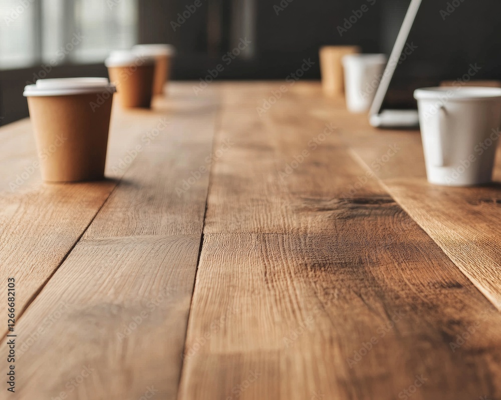 Poster natural wood office breakout area rustic table with coffee cups - enhancing team collaboration and p