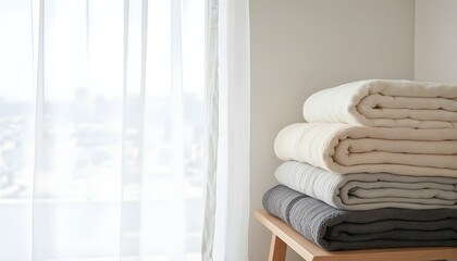 An Elegant Stack of Multiple Soft Blankets Beautifully Placed Gracefully by a Sunny Window