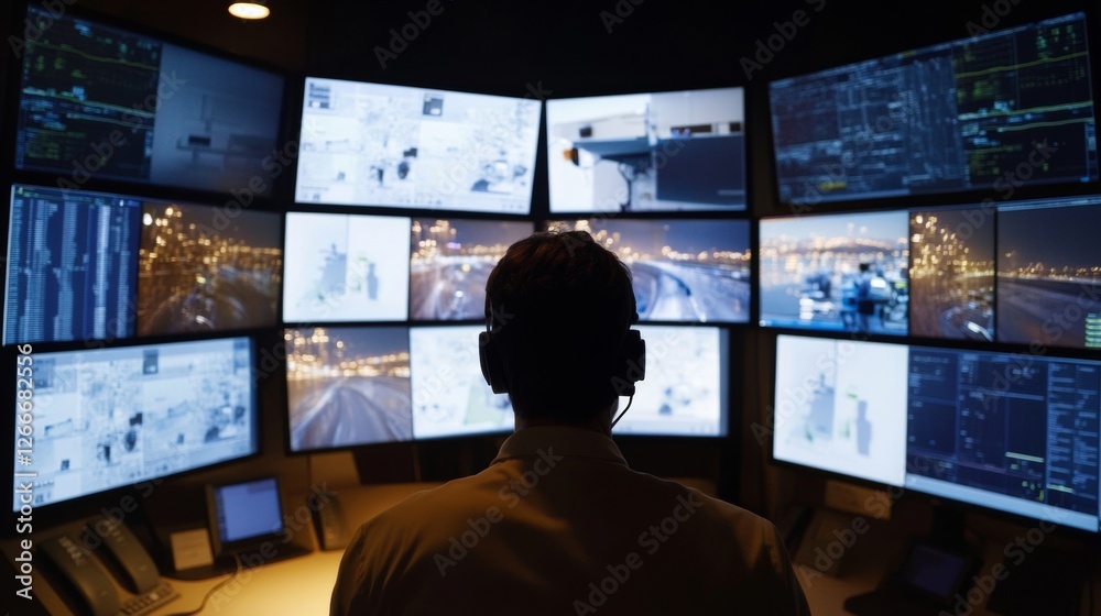 Aufkleber Futuristic Medical Monitoring Doctor Analyzing Digital Interface with Multiscreen Data Panels in High-Tech Control Room - Advanced Healthcare Diagnostics for Enhanced Patient Care