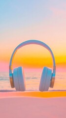 Contemporary Minimalist Tech Wireless Headphones Floating on Sunset Backdrop - Sleek Audio Tools for Premium Lifestyle and Modern Acoustic Excellence